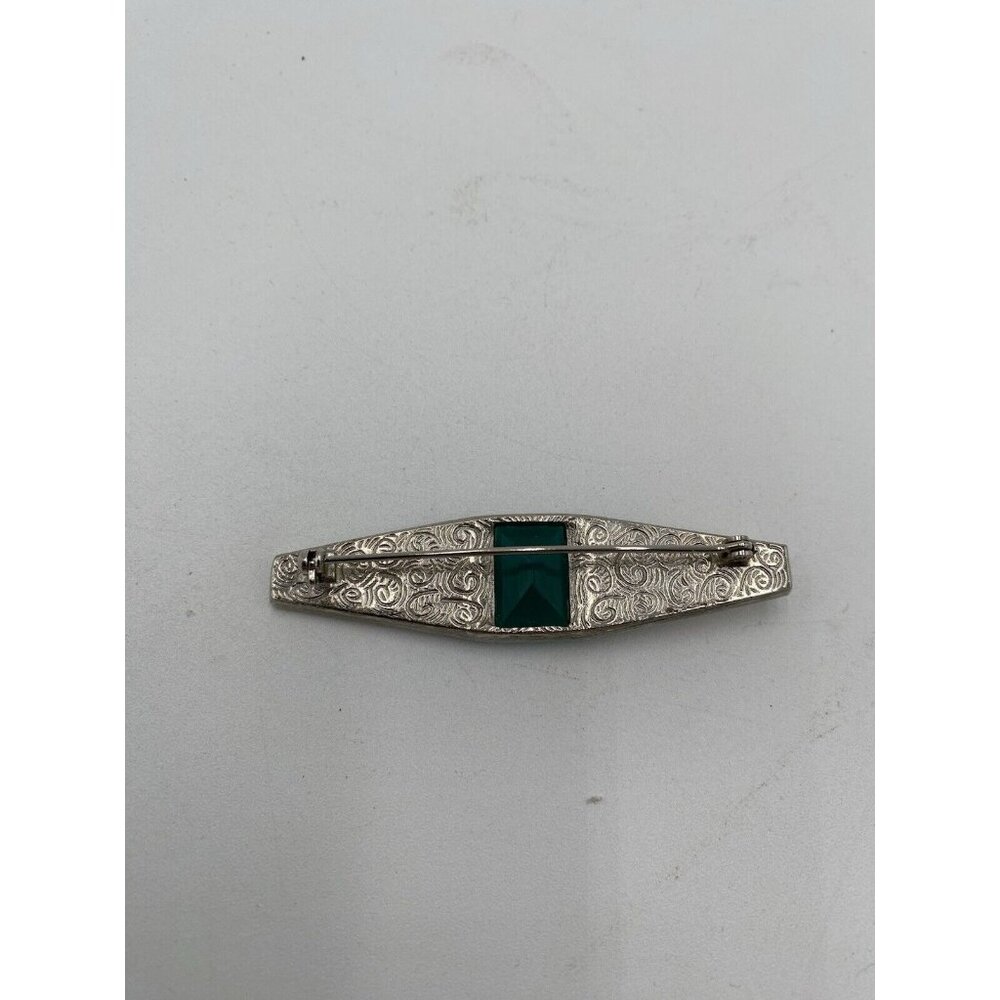 Vintage Silver Tone Turquoise Pin Brooch Bar Rhinestone Jewelry Scarf  2.5" Long - Picture 3 of 6